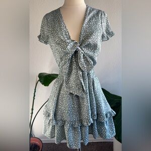 Miss Lola Green and White Ruffled Tie Front Sundress